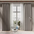 Gray Textured Curtains with Sheer Panels by Window with City View and Green Plants