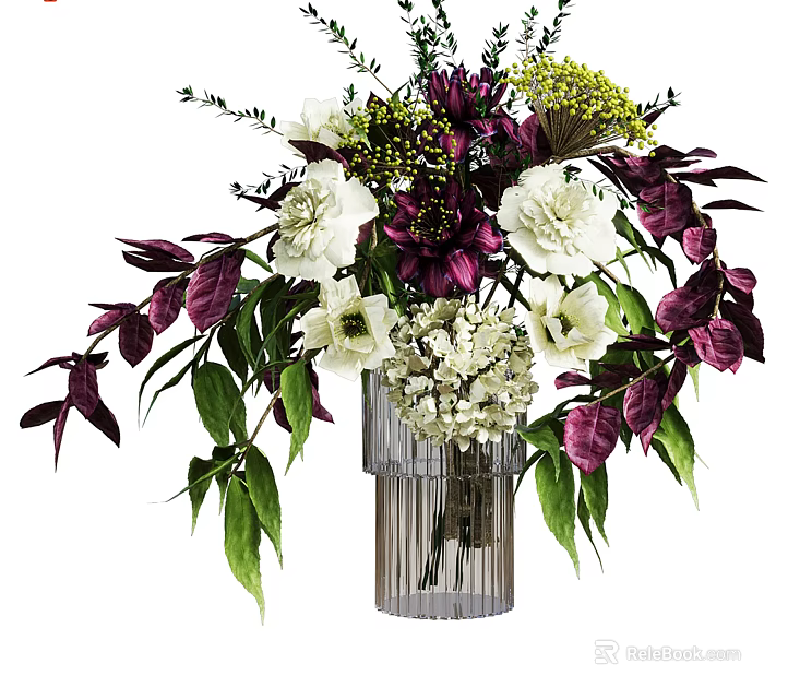 Elegant White Purple Flower Bouquet with Green Leaves in Glass Vase 3d model 