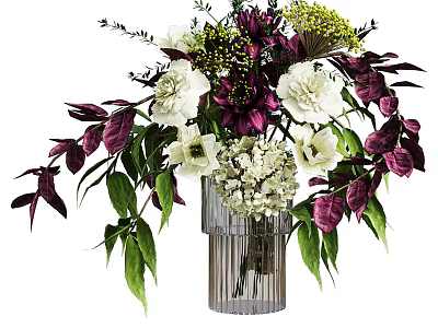 Elegant White Purple Flower Bouquet with Green Leaves in Glass Vase 3d model