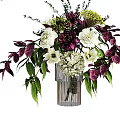 Elegant White Purple Flower Bouquet with Green Leaves in Glass Vase