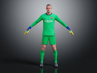 Man Wearing Green Barcelona Soccer Uniform With Goalkeeper Gloves In Standing Pose 3d model