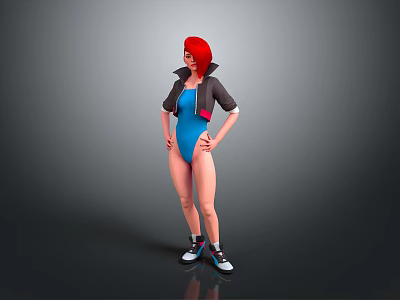 Child with Red Hair Blue Onesie Black Pink Jacket Standing Hands on Hips Gray Background 3d model