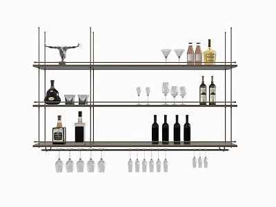 Modern Multi Tier Storage Shelf with Wine Bottles Glasses and Decorative Items 3d model
