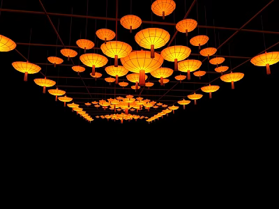 Illuminated Yellow Lanterns Hanging In Overhead Array Against Dark Background Creating Festive Glow 3d model