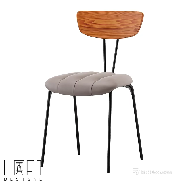 Modern Single Chair With Wooden Backrest Gray Padded Seat And Black Metal Legs 3d model 