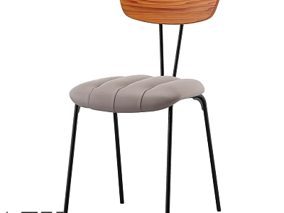 Modern Single Chair With Wooden Backrest Gray Padded Seat And Black Metal Legs 3d model