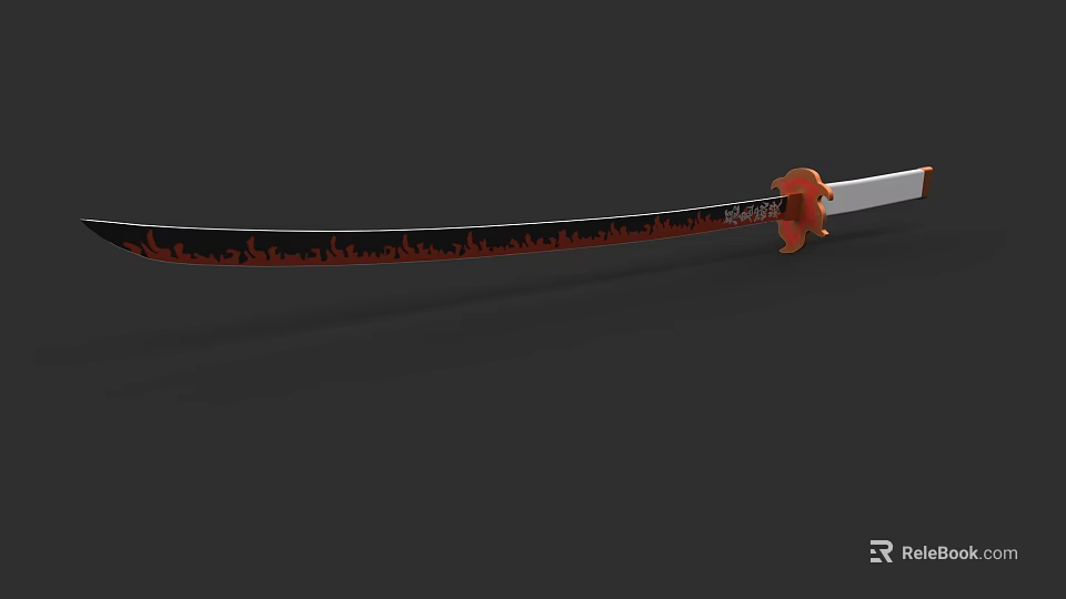 Traditional Samurai Sword With Black Red Flame Pattern And Orange Handle 3d model 