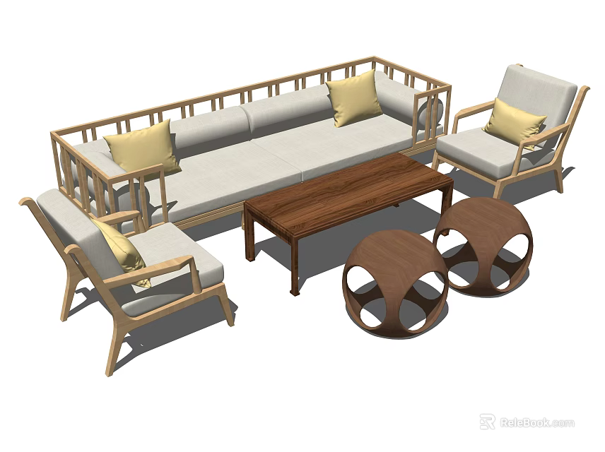Wooden Frame Sofa Coffee Table Set with Yellow Cushions Single Chairs Round Side Tables 3d model