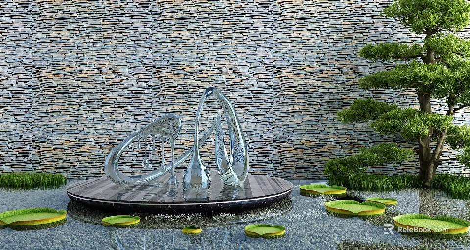 Karesansui Dry Landscape Garden With Stone Wall Backdrop Metal Sculpture Lily Pads And Green Plants 3d model 