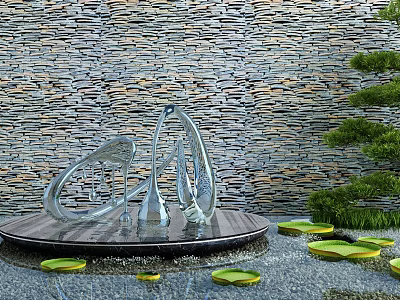 Karesansui Dry Landscape Garden With Stone Wall Backdrop Metal Sculpture Lily Pads And Green Plants 3d model