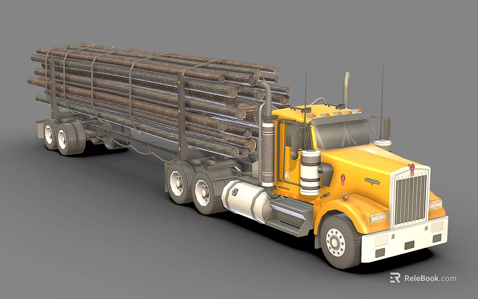 Yellow Heavy Duty Truck Transporting Logs on Large Trailer with Metal Racks 3d model 