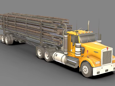 Yellow Heavy Duty Truck Transporting Logs on Large Trailer with Metal Racks 3d model