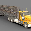 Yellow Heavy Duty Truck Transporting Logs on Large Trailer with Metal Racks