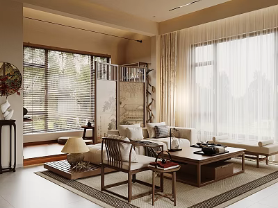 Chinese Traditional Living Room Interior Design With Wooden Screen Sofa And Coffee Table 3d model
