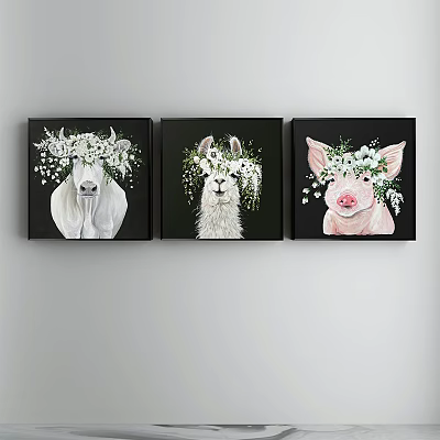 Cute Animal Paintings Featuring Cow Llama Pig with Flower Crowns on Black Canvas 3d model Cute Animal Paintings Featuring Cow Llama Pig with Flower Crowns on Black Canvas 3d model