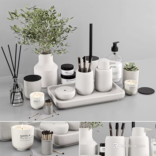 Modern Bathroom Accessories Minimalist White Ceramic Set With Tray Soap Dispenser Candles And Green Plants 3d model 