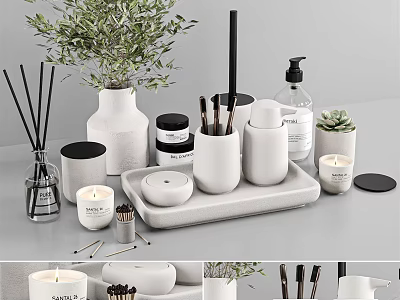 Modern Bathroom Accessories Minimalist White Ceramic Set With Tray Soap Dispenser Candles And Green Plants 3d model