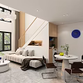 Modern Duplex Living Room With Stairs Sofa And Chandelier