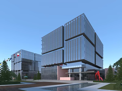 Modern Office Building With Glass Curtain Walls Landscaping Water Pool And Trees 3d model