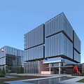 Modern Office Building With Glass Curtain Walls Landscaping Water Pool And Trees