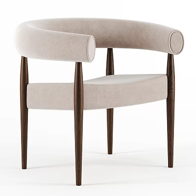 Beige Upholstered Accent Chair With Curved Armrests And Walnut Wooden Legs 3d model