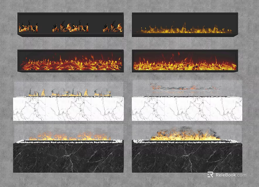 Modern Fireplace Design With Various Flame Styles And Marble Surfaces 3d model