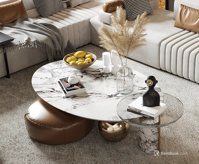 Elegant Modern Round Marble Coffee Table With Fruit Books Candle And Glass Side Table 3d model 