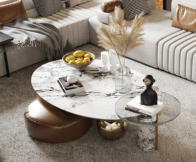 Elegant Modern Round Marble Coffee Table With Fruit Books Candle And Glass Side Table 3d model