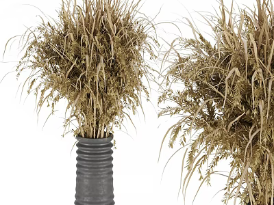 Gray Textured Vase With Natural Brown Dried Flowers For Home Decor 3d model