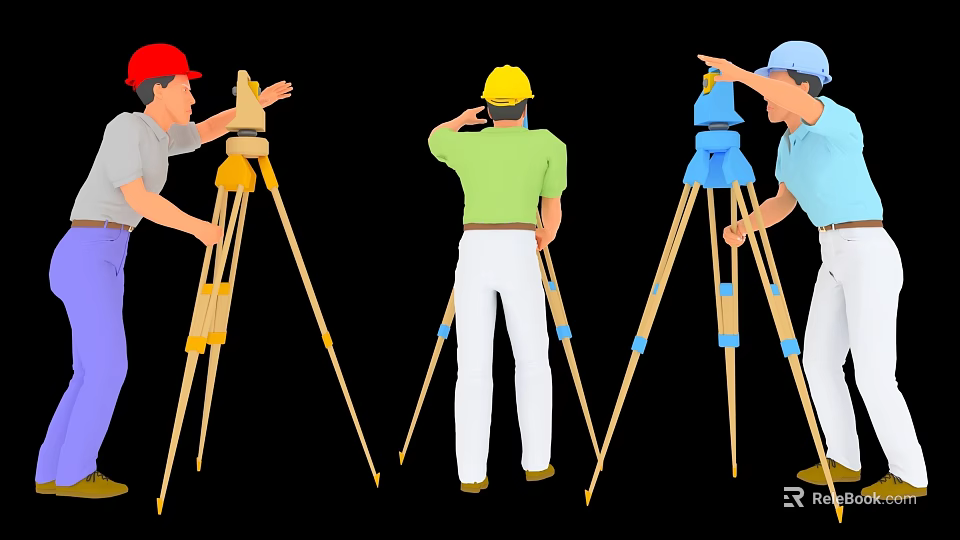 Men Wearing Different Colored Safety Helmets Using Surveying Tripods And Pointing Directions 3d model 
