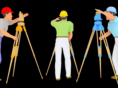 Men Wearing Different Colored Safety Helmets Using Surveying Tripods And Pointing Directions 3d model