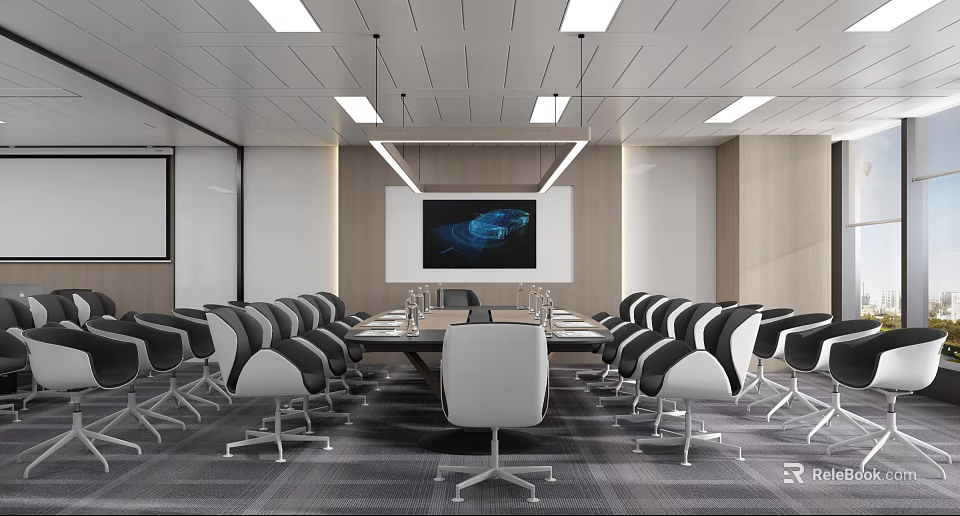 Modern Conference Room Interior With Long Table Comfortable Chairs And Projection Screen 3d model