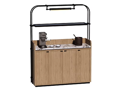 Wooden Sideboard With Marble Countertop Black Metal Shelf Coffee Machine Teapot And Small Cups 3d model