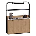 Wooden Sideboard With Marble Countertop Black Metal Shelf Coffee Machine Teapot And Small Cups
