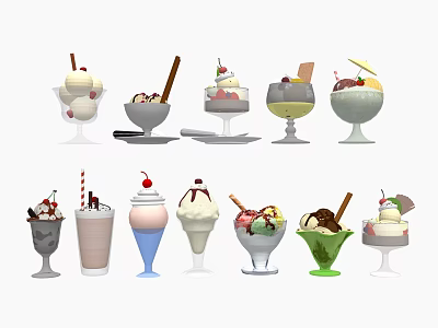 Assorted Ice Cream Desserts Topped with Whipped Cream Cherry and Chocolate Sticks 3d model