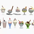 Assorted Ice Cream Desserts Topped with Whipped Cream Cherry and Chocolate Sticks