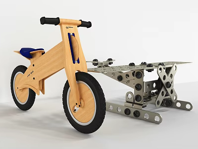 Electric Wooden Kids Bike With Blue Seat And Metal Mechanical Building Toy Set 3d model