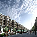 Vibrant European Style Commercial Street With Shops Pedestrians Greenery And Fountains