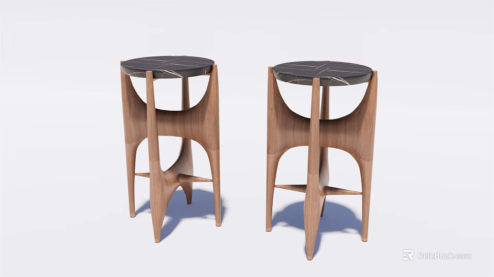 Modern Round Side Tables With Black Marble Tops And Wooden Geometric Legs 3d model 
