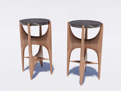 Modern Round Side Tables With Black Marble Tops And Wooden Geometric Legs 3d model