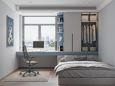 Tatami Bedroom Design With Desk Computer Wardrobe Bed Window Blinds Decorative Painting And Plant 3d model