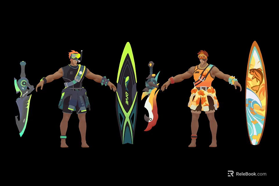 Two Stylized Characters In Themed Costumes With Surfboards And Animal Inspired Decorations 3d model 