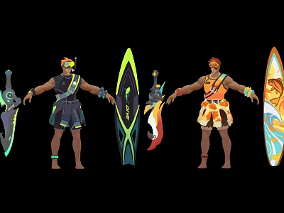 Two Stylized Characters In Themed Costumes With Surfboards And Animal Inspired Decorations 3d model