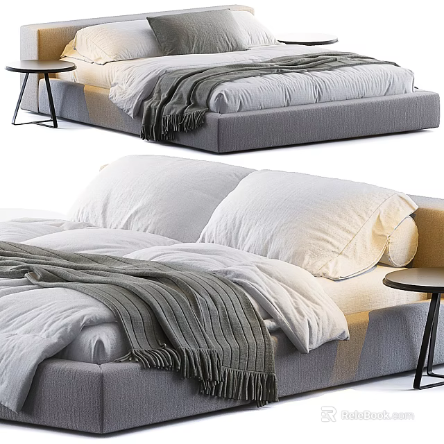 Stylish Double Bed with White Pillows Cozy Bedding and Gray Blanket Near Side Table 3d model 