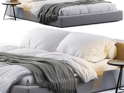 Stylish Double Bed with White Pillows Cozy Bedding and Gray Blanket Near Side Table 3d model
