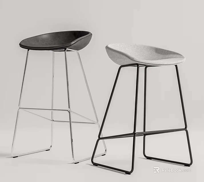 Two Modern Bar Stools With Metal Frame And Gray Fabric Seat For Kitchen Bar 3d model 