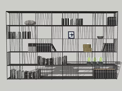 Modern Open Metal Frame Bookcase With Multi Layer Shelves Books Decorative Vase Painting Green Bottles 3d model