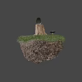 Tree Stump With Black Stone And White Bowl On Green Grass With Soil