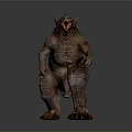 Brown Scaly Monster Creature With Spikes On Back And Open Mouth Standing On Gray Background