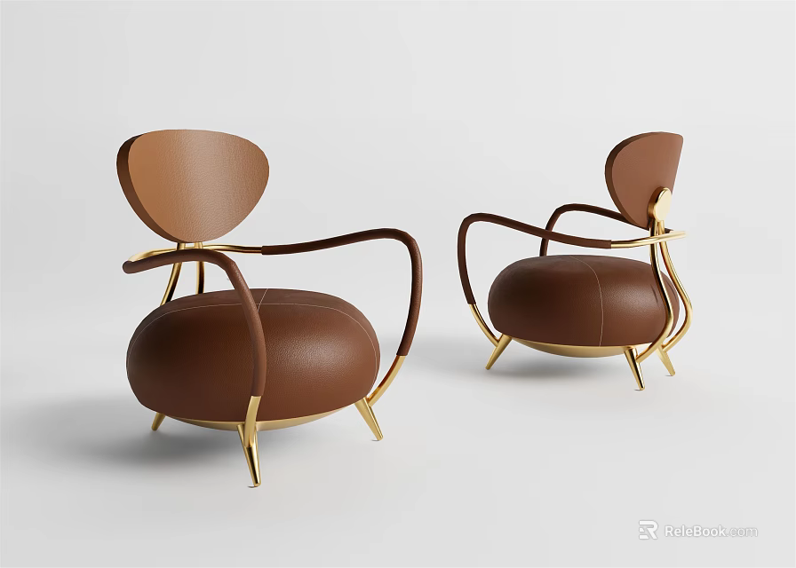 Brown Leather Single Sofa With Golden Metal Frame And Modern Elegant Design 3d model 